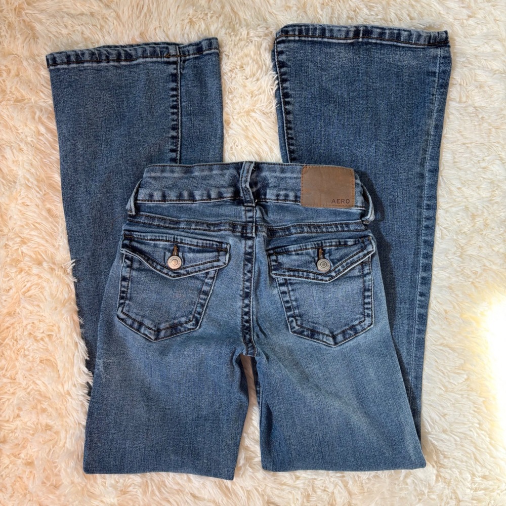 Aeropostale Low Rise Flare Jeans Medium Wash Flap Pocket Denim 000 Reg